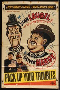 7h664 PACK UP YOUR TROUBLES 1sh R40s wacky different artwork of Laurel & Hardy!
