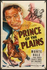 7h706 PRINCE OF THE PLAINS 1sh '49 cool art of cowboy Monte Hale close up & riding his horse!