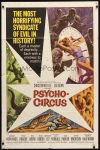 7h713 PSYCHO-CIRCUS 1sh '67 most horrifying syndicate of evil, cool art of sexy girl terrorized!