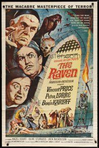 7h723 RAVEN 1sh '63 art of Boris Karloff, Vincent Price & Peter Lorre by Reynold Brown!