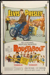 7h748 ROUSTABOUT 1sh '64 roving, restless, reckless Elvis Presley on motorcycle with guitar!