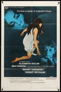 7h766 SECRET CEREMONY blue style 1sh '68 Elizabeth Taylor, Mia Farrow, Robert Mitchum!