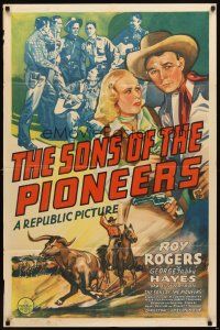 7h813 SONS OF THE PIONEERS 1sh '42 cool art of Roy Rogers, Bob Nolan & pretty Maris Wrixon!