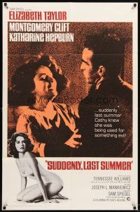 7h846 SUDDENLY, LAST SUMMER 1sh R67 close-up of Montgomery Clift & Elizabeth Taylor, + swimsuit!