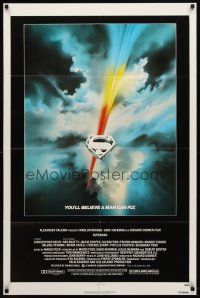 7h848 SUPERMAN 1sh '78 comic book hero Christopher Reeve, cool Bob Peak logo art!