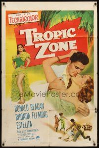 7h918 TROPIC ZONE 1sh '53 art of Ronald Reagan romancing Rhonda Fleming + sexy Estelita!