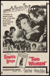 7h928 TWO WOMEN 1sh '61 Vittorio De Sica's La Ciociara, art of terrified Sophia Loren!