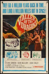 7h936 VALLEY OF THE DRAGONS 1sh '61 Jules Verne, dinosaurs & giant spiders in a world time forgot!
