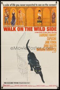 7h949 WALK ON THE WILD SIDE 1sh '62 cool artwork of black cat on stairs & sexy stars on balcony!