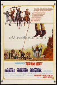 7h958 WAY WEST style B 1sh '67 Kirk Douglas, Robert Mitchum, great art of frontier justice!