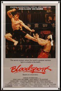 7p149 BLOODSPORT 1sh '88 cool image of Jean Claude Van Damme kicking Bolo Yeung, martial arts!
