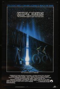 7p287 EXPLORERS 1sh '85 Joe Dante directed, image of bike & skateboard by glowing fence!