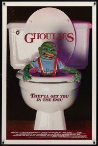 7p342 GHOULIES 1sh '85 wacky horror image of goblin in toilet, they'll get you in the end!