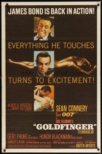 7p002 GOLDFINGER flat finish 1sh '64 3 images of Sean Connery as James Bond + golden Shirley Eaton!
