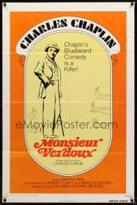 7p477 MONSIEUR VERDOUX 1sh R72 cool art of Charlie Chaplin as gentleman Bluebeard!