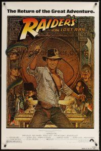 7p538 RAIDERS OF THE LOST ARK 1sh R82 great art of adventurer Harrison Ford by Richard Amsel!