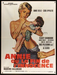 7k730 ANNIE French 1p '76 art of sexy half-naked Annie Belle holding doll!