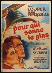7k806 FOR WHOM THE BELL TOLLS French 1p '47 art of Gary Cooper & Ingrid Bergman by Grinsson!