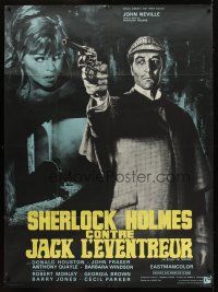 7k963 STUDY IN TERROR French 1p '66 different art of Neville as Sherlock Holmes by Jean Mascii!