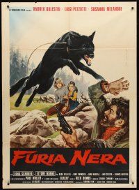 7k566 FURIA NERA Italian 1p '75 Piovano art of black snarling dog leaping at man with gun!