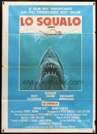 7k588 JAWS Italian 1p R70s art of Spielberg's classic man-eating shark attacking sexy swimmer!
