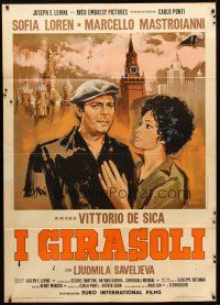 7k653 SUNFLOWER Italian 1p '70 Vittorio De Sica's I Girasoli, art of Loren & Mastroianni by Symeoni