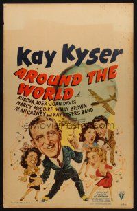 7k331 AROUND THE WORLD WC '43 cool cartoon art of Kay Kyser & top stars with plane & globe!