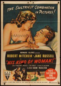 7m373 HIS KIND OF WOMAN Aust 1sh '51 Robert Mitchum, sexy Jane Russell, Howard Hughes presents!