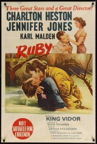7m399 RUBY GENTRY Aust 1sh R60s art of sleazy bad girl Jennifer Jones kissing Charlton Heston!