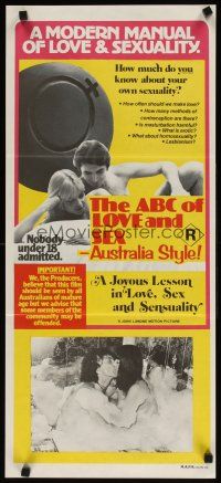 7m426 ABC OF LOVE & SEX: AUSTRALIA STYLE Aust daybill '78 John D. Lamond, a manual of love & sex!