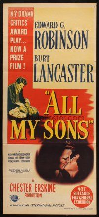 7m006 ALL MY SONS Aust daybill '48 Burt Lancaster choking Edward G. Robinson & kissing pretty girl