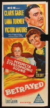 7m012 BETRAYED Aust daybill '54 art of Clark Gable, Victor Mature & sexy brunette Lana Turner!