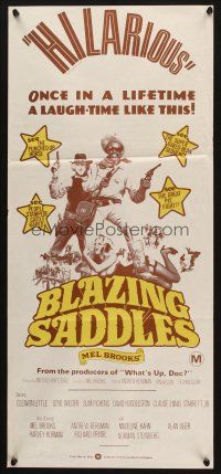 7m470 BLAZING SADDLES Aust daybill '74 classic Mel Brooks western, wacky different art!