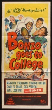 7m478 BONZO GOES TO COLLEGE Aust daybill '52 art of chimp playing football, all new monkeyshines!