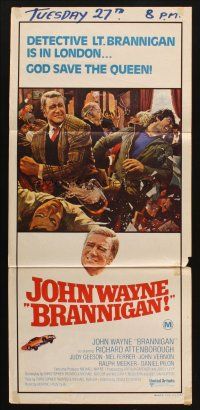 7m482 BRANNIGAN Aust daybill '75 great Robert McGinnis art of fighting John Wayne in England!