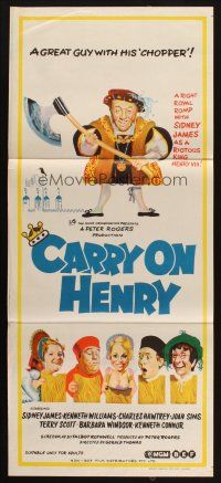 7m503 CARRY ON HENRY VIII Aust daybill '72 Sidney James, Gerald Thomas historic English comedy