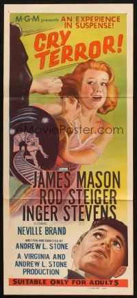 7m019 CRY TERROR Aust daybill '58 James Mason, Steiger, cool noir art, an experience in suspense!