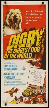 7m545 DIGBY THE BIGGEST DOG IN THE WORLD Aust daybill '74 cool artwork of sheep dog, wacky sci-fi!