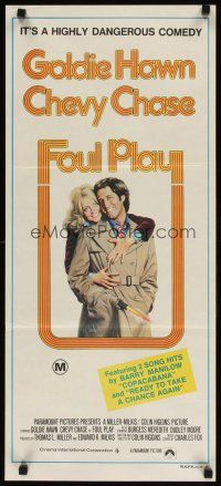 7m584 FOUL PLAY Aust daybill '78 wacky Lettick art of Goldie Hawn & Chevy Chase, screwball comedy!