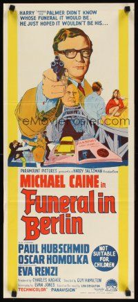 7m030 FUNERAL IN BERLIN Aust daybill '67 cool stone litho art of Michael Caine pointing gun!