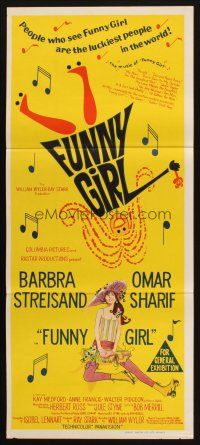 7m592 FUNNY GIRL Aust daybill '69 stone litho of Barbra Streisand, directed by William Wyler!