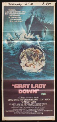 7m605 GRAY LADY DOWN Aust daybill '78 Charlton Heston, David Carradine, cool submarine art!