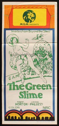 7m611 GREEN SLIME stock Aust daybill R70s classic cheesy sci-fi, art of sexy astronaut & monster!