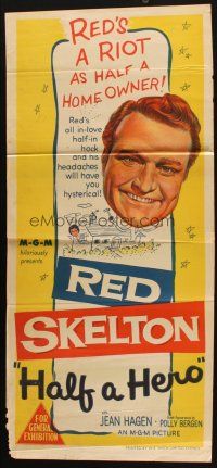 7m615 HALF A HERO Aust daybill '53 stone litho art of Red Skelton in double trouble, Jean Hagen!