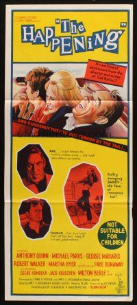 7m619 HAPPENING Aust daybill '67 cool art of Anthony Quinn being kidnapped, 1st Faye Dunaway!