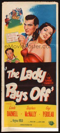7m670 LADY PAYS OFF Aust daybill '51 sexy Linda Darnell in tiny red dress gambles & loses!