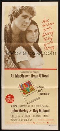 7m695 LOVE STORY Aust daybill '70 great romantic close up of Ali MacGraw & Ryan O'Neal!