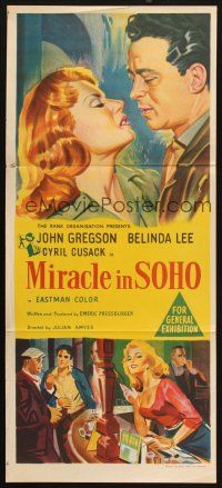 7m720 MIRACLE IN SOHO Aust daybill '57 John Gregson looks at sexy Belinda Lee, Emeric Pressburger!