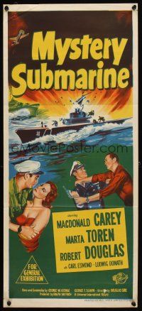 7m051 MYSTERY SUBMARINE Aust daybill '51 Macdonald Carey, Marta Toren, cool U-boat artwork!
