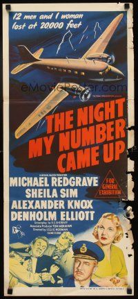 7m746 NIGHT MY NUMBER CAME UP Aust daybill '55 stone litho of pilot Michael Redgrave & airplane!